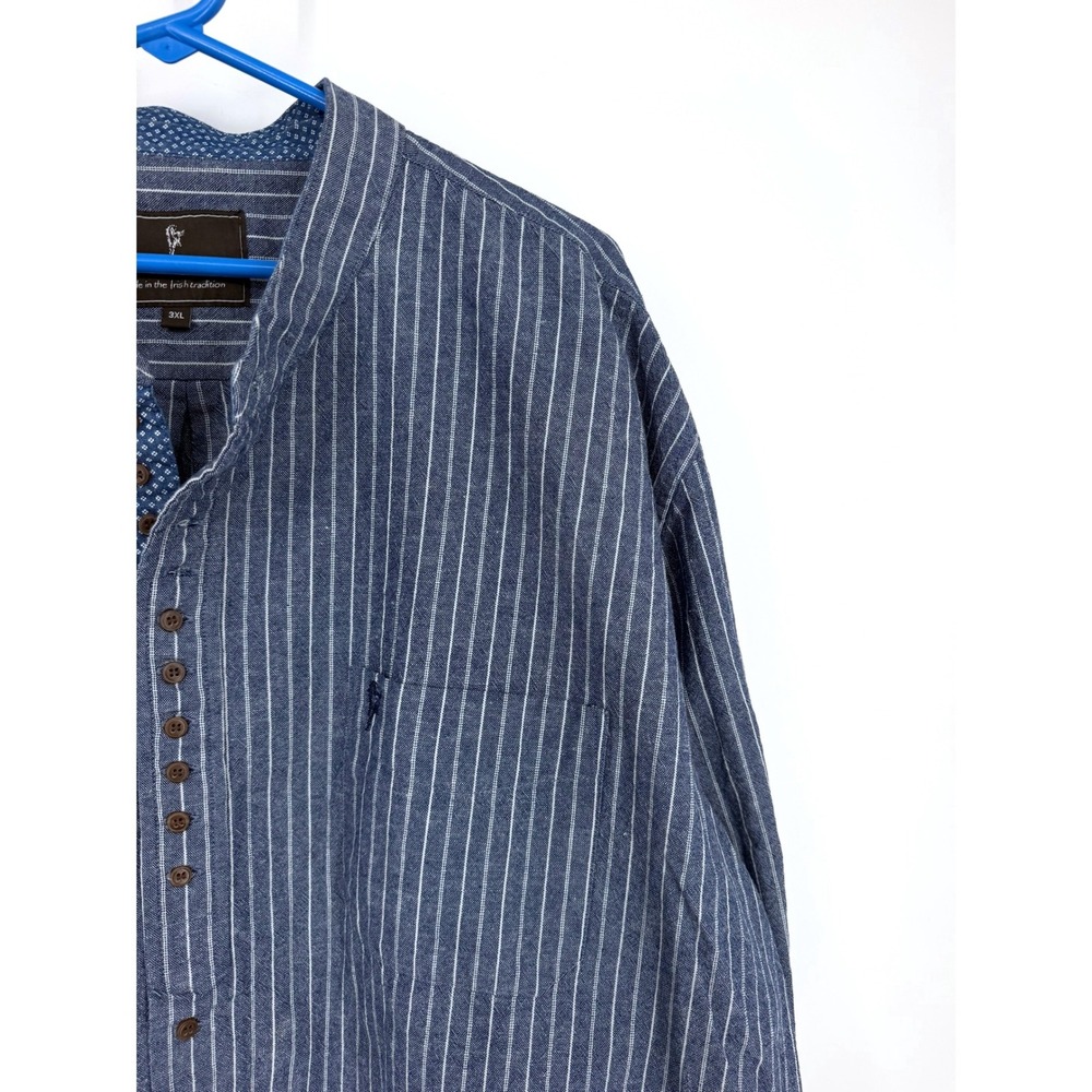 Celtic Ranchwear Mens 3XL Blue White Striped Linen Blend Grandfather Shirt - Picture 8 of 13
